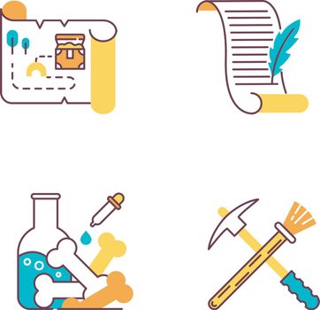 Archeology color icons set. Treasure map. Ancient manuscript. Laboratory research. Restoration equipment. Historical discoveries. Pickaxe and brush. Poetry, letter. Isolated vector illustrations