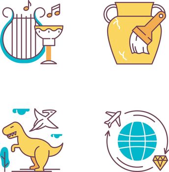 Archeology color icons set. Ancient culture. Lyre and goblet. Amphora restoration. Dinosaurs. Prehistoric animals. Worldwide treasure hunt. Historical artifacts. Isolated vector illustrations