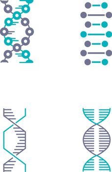 DNA spiral chains violet and turquoise color icons set. Deoxyribonucleic, nucleic acid helix. Chromosome. Molecular biology. Genetic code. Genome. Genetics. Medicine. Isolated vector illustrations