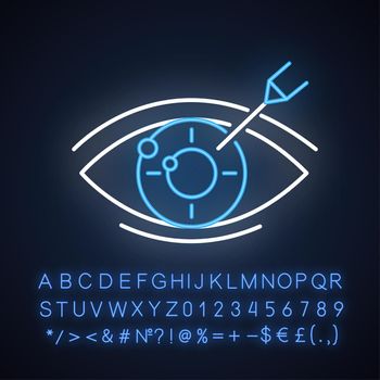 Vision correction neon light icon. Medical procedure. Health care. Ophthalmology. Laser operation. Eye disorder recovery. Glowing sign with alphabet, numbers and symbols. Vector isolated illustration