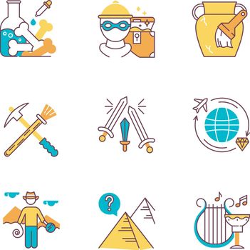 Archeology color icons set. Lab research. Marauding. Artifact restoration equipment. Sword fight. Treasure hunt. Researcher. Pyramid mystery. Ancient culture. Isolated vector illustrations