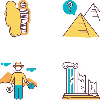 Archeology color icons set. Mummy in sarcophagus. Pyramids. Egyptian culture mysteries. Researcher in field. Column ruins. Broken pillars. History, culture. Isolated vector illustrations