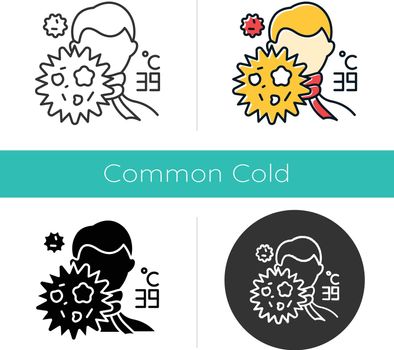 Influenza virus icon. High temperature. Man with fever. Common cold. Influenza virus. Grippe sickness symptom. Microbe outbreak. Flat design, linear and color styles. Isolated vector illustrations