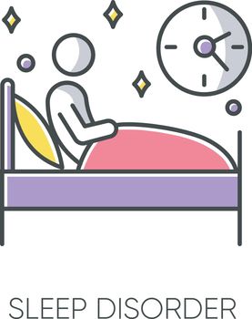 Sleep deprivation color icon. Insomnia. Man alone in bed. Awake at night. Sleeplessness. Disturbed sleep. Nightmare and night terror. Dyssomnia. Mental disorder. Isolated vector illustration