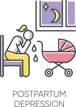 Postpartum depression color icon. Crying woman. Delivering infant. Stress and anxiety. Exhaustion and insomnia. Tired mother. Mental problem. Postnatal anxiety. Isolated vector illustration