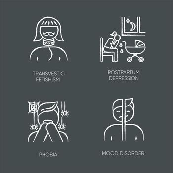 Mental disorder chalk icons set. Transvestic fetishism. Postpartum depression. Phobia. Panic attack. Mood disorder. Deviation and perversion. Woman crying. Isolated vector chalkboard illustrations
