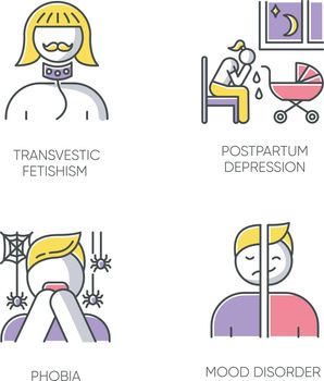 Mental disorder color icons set. Transvestic fetishism. Postpartum depression. Phobia. Panic attack. Mood disorder. Deviation and perversion. Woman crying. Isolated vector illustrations