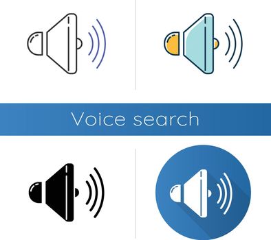 Sound speaker icons set. Volume control idea. Loudspeaker, megaphone. Modern stereo equipment. Sound signal tool, loud noise.Linear, black and color styles. Isolated vector illustrations