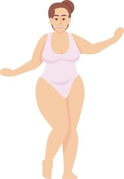 Woman dressed in swimsuit flat vector illustration. Body positive and feminism. Excess weight. Plus size figure. Caucasian smiling lady with brown hair isolated cartoon character on white background