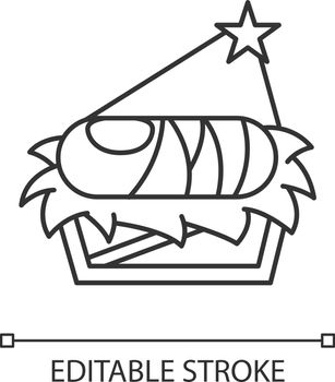 Nursery with baby Jesus linear icon. Holy infant in manger on straw under light of Bethlehem star. Christmas. Thin line illustration. Contour symbol. Vector isolated outline drawing. Editable stroke