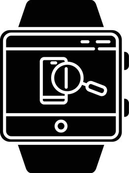 Find phone smartwatch function glyph icon. Silhouette symbol. Showing location of device and locking screen, sound alert. Fitness wristband capability. Negative space. Vector isolated illustration