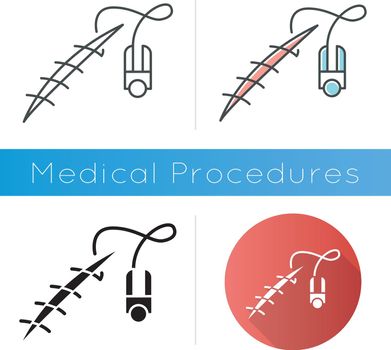 Stitching icon. Suture device. Medical surgical procedure. Wound treatment. First aid. Injury healing. Health care. Open cut help. Flat design, linear and color styles. Isolated vector illustrations