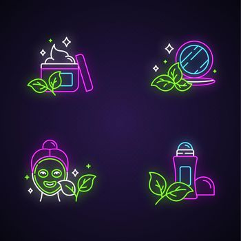 Organic cosmetics neon light icons set. Face cream. Pressed makeup powder. Face mask. Deodorant, antiperspirant. Paraben free beauty products. Skincare. Glowing signs. Vector isolated illustrations