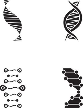 DNA strands glyph icons set. Deoxyribonucleic, nucleic acid helix. Spiraling strands. Chromosome. Molecular biology. Genetic code. Genome. Genetics. Silhouette symbols. Vector isolated illustration
