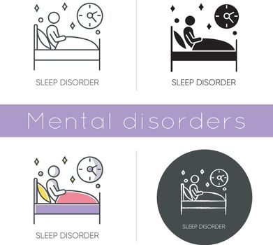 Sleep deprivation icon. Insomnia. Man alone in bed. Awake at night. Sleeplessness. Disturbed sleep. Dyssomnia. Mental disorder. Flat design, linear and color styles. Isolated vector illustrations