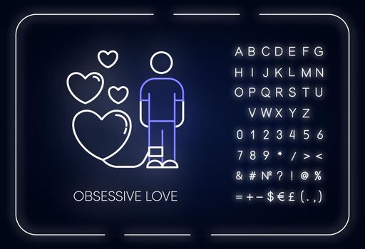 Obsessive love neon light icon. Possessive relationship. Attachment to lover. Compulsive affection. Mental disorder. Glowing sign with alphabet, numbers and symbols. Vector isolated illustration