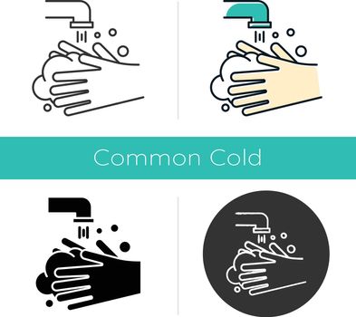 Rinse hands icon. Hygiene and healthcare. Common cold precaution. Germ cleansing. Washing hand. Disinfect from flu bacteria. Flat design, linear and color styles. Isolated vector illustrations