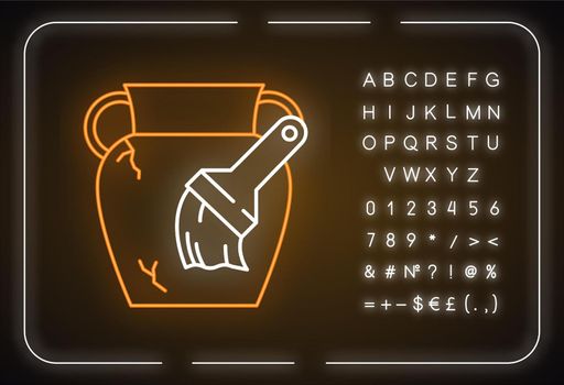 Restoration neon light icon. Damaged greek amphora. Vase, brush. Renewing ancient artifact. Antique item reconstruction. Glowing sign with alphabet, numbers and symbols. Vector isolated illustration