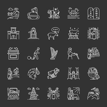 Bible narratives chalk icons set. Noah Ark, Babel tower. Moses, God myths. Religious legends. Christian religion, holy book scenes plot. Biblical stories. Isolated vector chalkboard illustrations