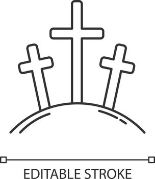 Calvary hill linear icon. Three crosses at Golgotha mountain. Crucifixion of Jesus Christ. Good Friday. Thin line illustration. Contour symbol. Vector isolated outline drawing. Editable stroke