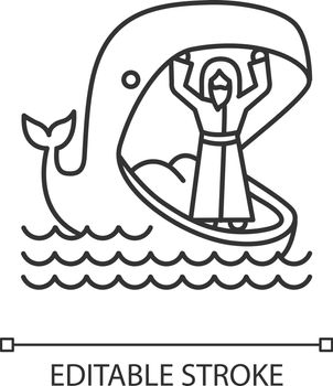 Jonah and whale linear icon. Old Testament story. Jonahs miraculous return from jaws of huge fish. Thin line illustration. Contour symbol. Vector isolated outline drawing. Editable stroke