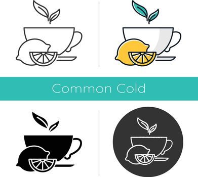 Lemon tea icon. Common cold aid. Healthcare. Aromatic teacup. Hot drink in cup. Antioxidant with vitamin C. Beverage to relax. Flat design, linear and color styles. Isolated vector illustrations