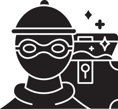 Marauding glyph icon. Treasure hunter. Artifact robbery. Criminal in mask. Open chest with gold. Burglary. Theft of ancient artifact. Silhouette symbol. Negative space. Vector isolated illustration