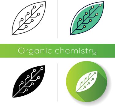 Leaf with microchip icon. Smart agriculture. Green information technology. Organic chemistry. Nanotechnology development. Flat design, linear, black and color styles. Isolated vector illustrations