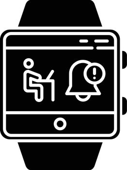 Notifications smartwatch function glyph icon. Fitness wristband capability. Synchronization with laptop, computer and other gadgets. Silhouette symbol. Negative space. Vector isolated illustration