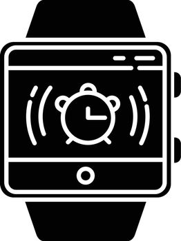 Alarm clock smartwatch function glyph icon. Awaken from night sleep and short naps with sound and vibration. Fitness wristband. Silhouette symbol. Negative space. Vector isolated illustration