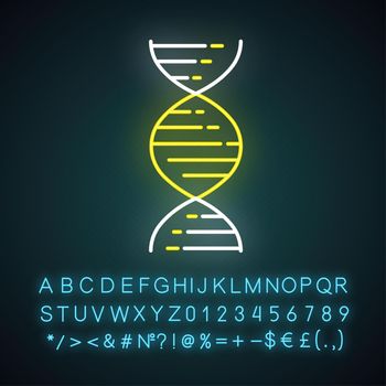 DNA double helix neon light icon. Deoxyribonucleic, nucleic acid structure. Molecular biology. Genetic code. Genetics. Glowing sign with alphabet, numbers and symbols. Vector isolated illustration