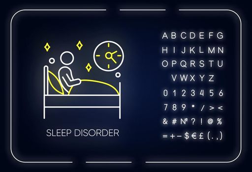 Sleep deprivation neon light icon. Insomnia. Man in bed. Awake at night. Disturbed sleep. Dyssomnia. Mental disorder. Glowing sign with alphabet, numbers and symbols. Vector isolated illustration