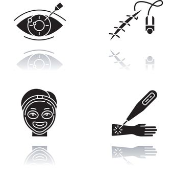 Medical procedure drop shadow black glyph icons set. Vision correction. Eyesight disorder. Stitching open wound. Cosmetology. Laser therapy. Facial treatment. Healthcare. Isolated vector illustrations