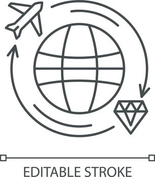 Treasure hunt linear icon. Worldwide search for artifacts. Discover jewels. Travel to explore. Repatriation. Thin line illustration. Contour symbol. Vector isolated outline drawing. Editable stroke
