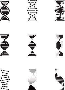 DNA spirals glyph icons set. Deoxyribonucleic, nucleic acid helix. Chromosome. Spiraling strands. Molecular biology. Genetic code. Genome. Genetics. Silhouette symbols. Vector isolated illustration
