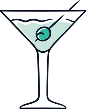 Martini blue color icon. Footed glass with drink and olive. Cocktail with gin and vermouth. Refreshing alcoholic beverage for party. Tumbler with mixed drink. Isolated vector illustration