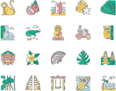Indonesia color icons set. Tropical country animals. Trip to Indonesian islands. Exploring exotic culture. Unique fruits and plants. Nature and architecture wonders. Isolated vector illustrations