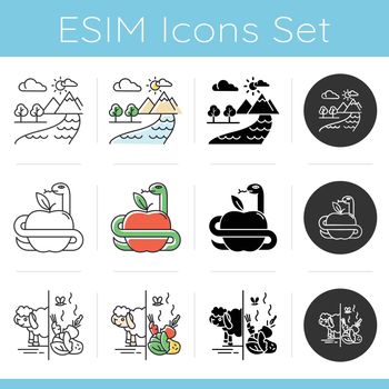Bible narratives icons set. Adam and Eve, The Beginning myths. Religious legends. Christian religion, holy book, Biblical stories plot. Linear, black and color styles. Isolated vector illustrations