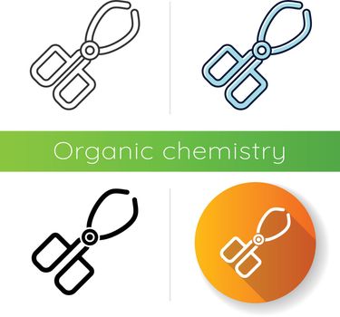 Crucible tongs icon. Surgeon equipment. Stainless steel lab instrument. Beaker pliers. Forceps clamp. Organic chemistry. Flat design, linear, black and color styles. Isolated vector illustrations
