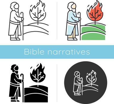 Moses and the burning bush Bible story icon. Prophet and tree in flame. Religious legend. Biblical narrative. Glyph, chalk, linear and color styles. Isolated vector illustrations