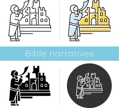 The fall of Jericho Bible story icon. Castle ruin in Jerusalem city. Religious legend. Christian religion. Biblical narrative. Glyph, chalk, linear and color styles. Isolated vector illustrations