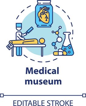 Medical museum concept icon. Anatomy exhibition. Body dissection and examination. Scientific exposition idea thin line illustration. Vector isolated outline drawing. Editable stroke