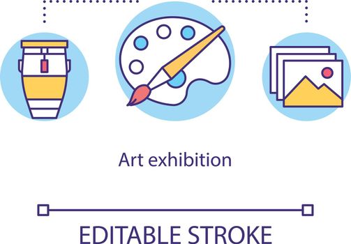 Art exhibition concept icon. Drawing and painting display event. Cultural museum. Artwork showcase. Gallery exposition idea thin line illustration. Vector isolated outline drawing. Editable stroke