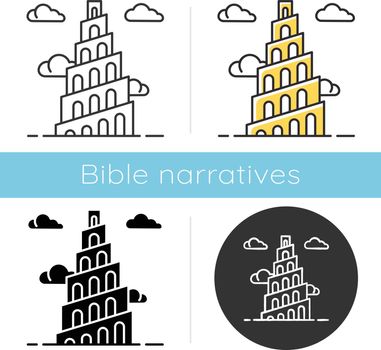 Babel Tower Bible story icon. Ziggurat. High structure in Babylonia. Religious legend. Exodus Biblical narrative. Glyph, chalk, linear and color styles. Isolated vector illustrations