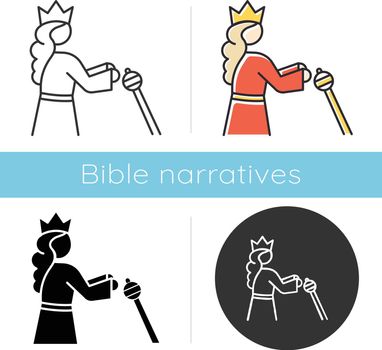 Queen Esther Bible story icon. Persian queen in crown. Religious legend. Christian religion. Old Testament Biblical narrative. Glyph, chalk, linear and color styles. Isolated vector illustrations
