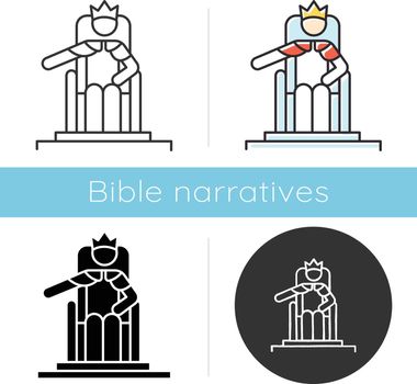 Wise Ruling Solomon Bible story icon. Jerusalem king sitting on throne. Religious legend. Biblical narrative. Glyph, chalk, linear and color styles. Isolated vector illustrations