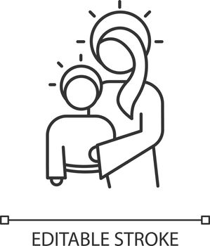 Virgin Mary with son Jesus linear icon. Holy Mary hugging baby Christ. Christmas and childhood of Savior. Thin line illustration. Contour symbol. Vector isolated outline drawing. Editable stroke