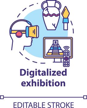 Digitalized exhibition concept icon. Interactive fair venue in cyberspace. Video museum tour. Virtual reality exposition idea thin line illustration. Vector isolated outline drawing. Editable stroke