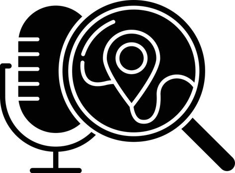 Geolocation voice request glyph icon. Location search. Sound control, microphone command, magnifying glass. Smart assistant. Silhouette symbol. Negative space. Vector isolated illustration