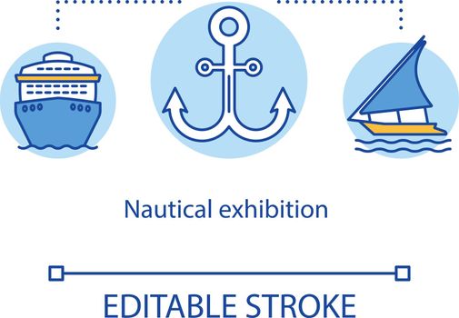 Nautical exhibition concept icon. Open-air museum. Aquatic transport display. Navy vessel. Maritime exposition idea thin line illustration. Vector isolated outline drawing. Editable stroke